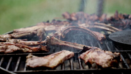 Food on outdoor barbecue grill. Beef and ribs on BBQ with smoke in slow motion