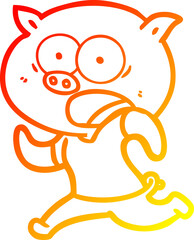 warm gradient line drawing cartoon pig running away