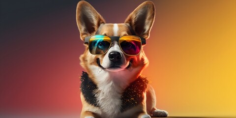 Sunglasses-Wearing Pup Brings the Fun with a Lively and Colorful Background, image generated with artificial intelligence