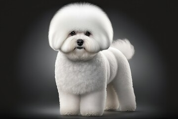 A white Bichon Frise dog is standing on a gray background. Generative AI