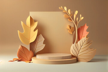 3D display podium background. Pastel beige with pedestal pastel color stand. Nature green leaf. Beauty, cosmetic product mockup. Beauty cosmetic, nature dry autumn leaf. generative ai