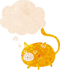 cartoon happy cat and thought bubble in retro textured style