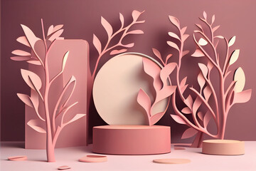 3D display podium background. Pastel beige with pedestal pastel color stand. Nature green leaf. Beauty, cosmetic product mockup. Beauty cosmetic, nature dry autumn leaf. generative ai
