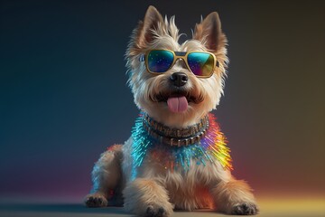 Sunglasses-Wearing Pup Brings the Fun with a Lively and Colorful Background, image generated with artificial intelligence