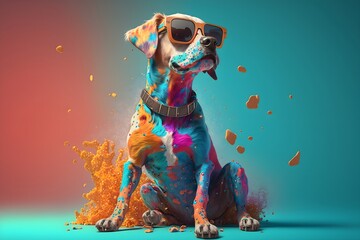 Obraz na płótnie Canvas Sunglasses-Wearing Pup Brings the Fun with a Lively and Colorful Background, image generated with artificial intelligence