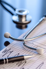 Stethoscope on a notebook, medical cardiogram