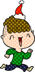 comic book style illustration of a happy boy surprised wearing santa hat