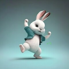 Obraz na płótnie Canvas Happy rabbit dancing celebrating the Internacional dance day on a colored background. Generative AI