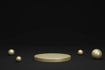 3d rendering of realistic luxury black and gold podium, product stage minimal style, geometry circular podium mock up for product