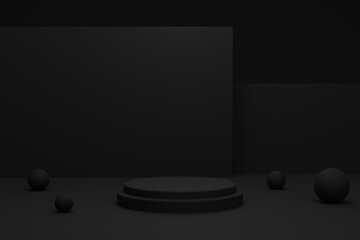 3d rendering of realistic luxury black podium, product stage minimal style, geometry circular podium mock up for product