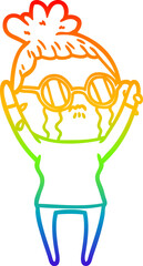 rainbow gradient line drawing cartoon crying woman wearing spectacles