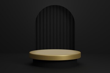 3d rendering of realistic luxury black and gold podium, product stage minimal style, geometry circular podium mock up for product