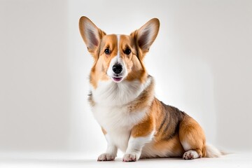 Little friend. Welsh corgi dog being cute and posing on white studio background. Dog from a Thoroughbred. The idea of motion, how pets love, and how animals live. It seems happy and funny. Advertiseme