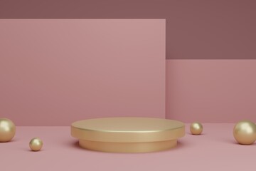 3d rendering of realistic luxury pink and gold podium, product stage minimal style, geometry circular podium mock up for product