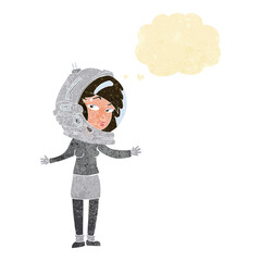 cartoon woman wearing astronaut helmet with thought bubble