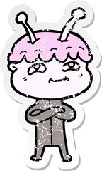 distressed sticker of a friendly cartoon spaceman