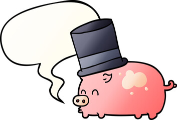 cartoon pig wearing top hat and speech bubble in smooth gradient style