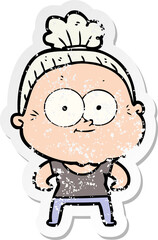 distressed sticker of a cartoon happy old woman