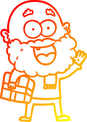 warm gradient line drawing cartoon crazy happy man with beard and gift under arm