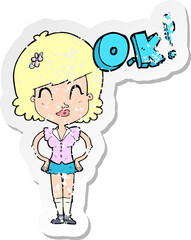 retro distressed sticker of a cartoon woman thinking OK