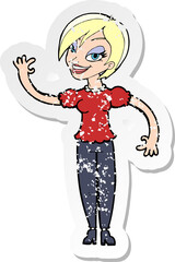 retro distressed sticker of a cartoon woman waving