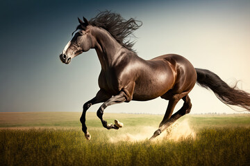 Obraz na płótnie Canvas horse running on meadow on a sunny day, generative AI