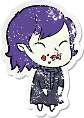 distressed sticker of a cartoon vampire girl with blood on cheek