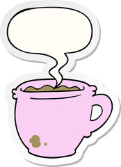 cartoon hot cup of coffee and speech bubble sticker