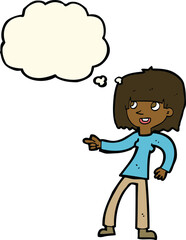 cartoon girl pointing with thought bubble