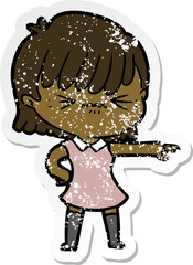 distressed sticker of a annoyed cartoon girl blaming