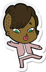 sticker of a cartoon surprised girl in science fiction clothes