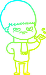 cold gradient line drawing annoyed cartoon boy