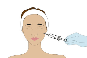 A girl's face in a hairband and a cosmetologist's hand with a syringe. Vector illustration
