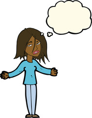 cartoon woman shrugging shoulders with thought bubble