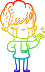 rainbow gradient line drawing cartoon woman crying