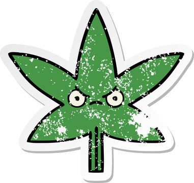 Distressed Sticker Of A Cute Cartoon Marijuana Leaf