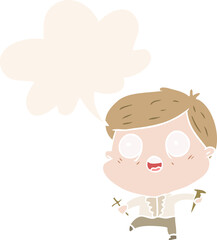 cartoon frightened man hunting halloween vampires and speech bubble in retro style