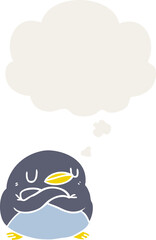 cartoon penguin and thought bubble in retro style