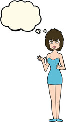 cartoon confused woman in cocktail dress with thought bubble