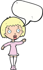 cartoon waving woman with speech bubble