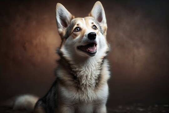 Photo portrait of a cute and funny Alaskan sled dog sitting on the floor with its tongue out and its mouth open. Generative AI