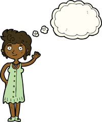 cartoon hippie woman waving with thought bubble