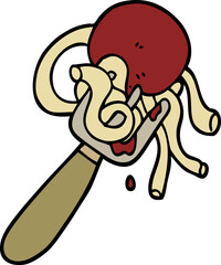 hand drawn doodle style cartoon spaghetti and meatballs on fork