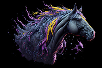 Colorful horse on dark background. Generative AI. 
