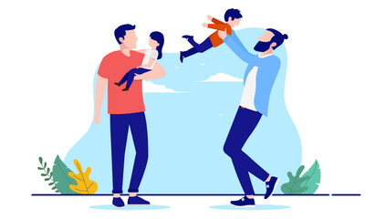 Dads playing with kids - Two men having fun and with their children outdoors. Flat design vector illustration with white background
