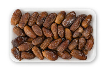 Dried dates, plastic tray of dried dates isolated on white background