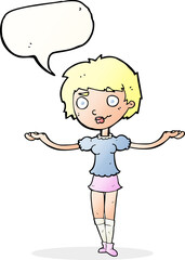 cartoon woman spreading arms with speech bubble