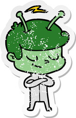 distressed sticker of a friendly cartoon spaceman