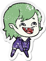 distressed sticker of a cartoon laughing vampire girl