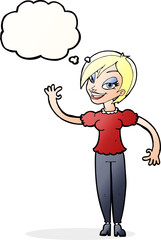 cartoon woman waving with thought bubble